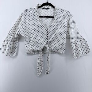 Zara Basic Polka Dot Crop Top‎ White Black Ruffle Neck Bell Sleeve Tie Front S